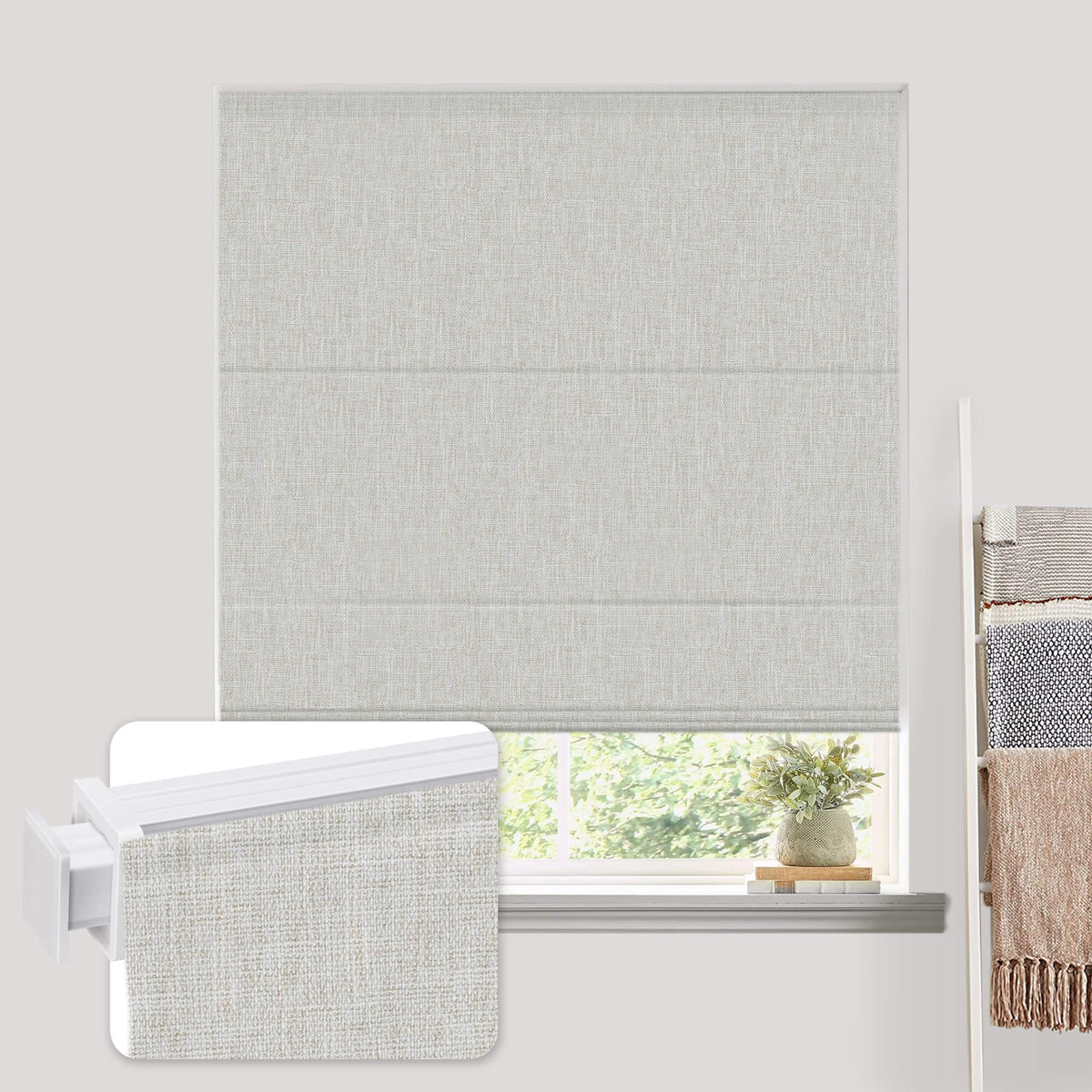 Sand-colored no-drill Roman shade: on a window