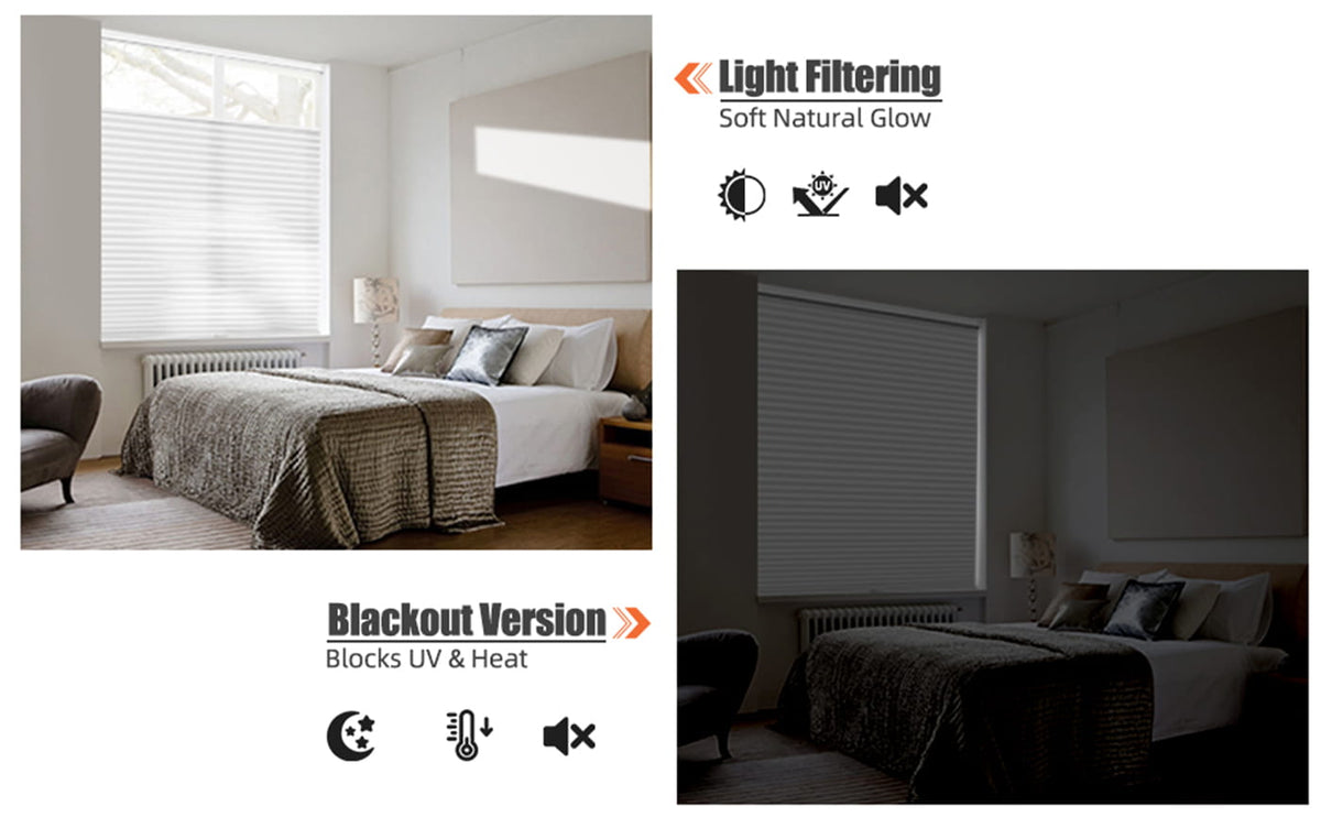 Light-filtering and blackout roller shades compared in a bedroom
