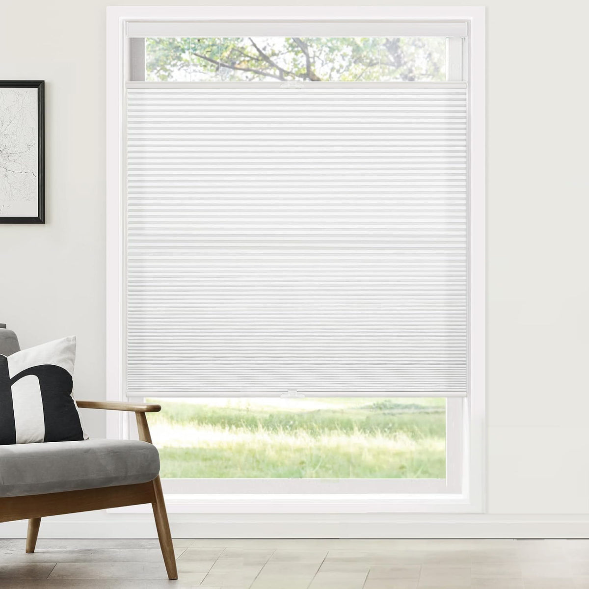 White top-down bottom-up cellular honeycomb shade: on a window