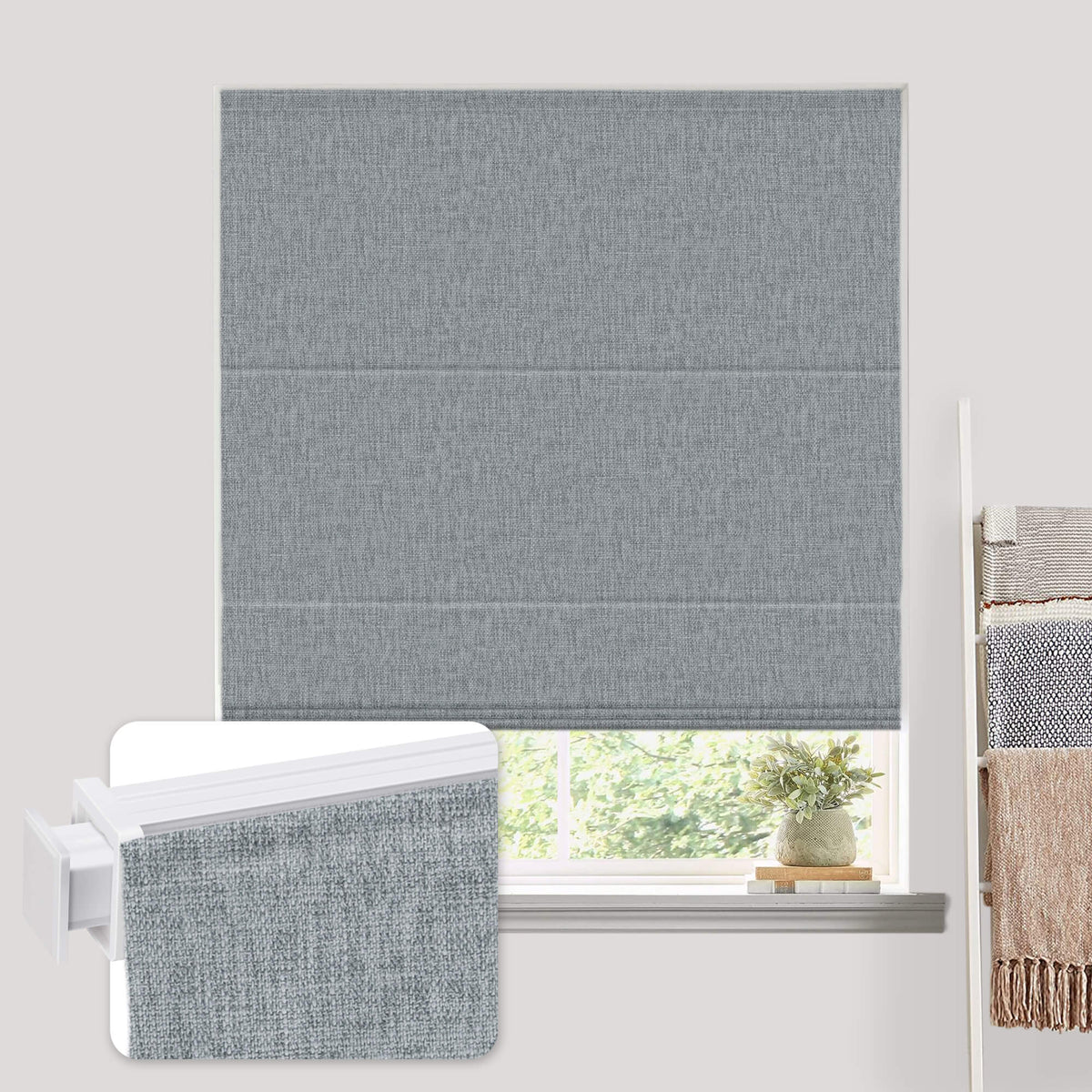 Dark gray no-drill Roman shade: on a window