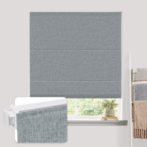 Dark gray no-drill Roman shade: on a window