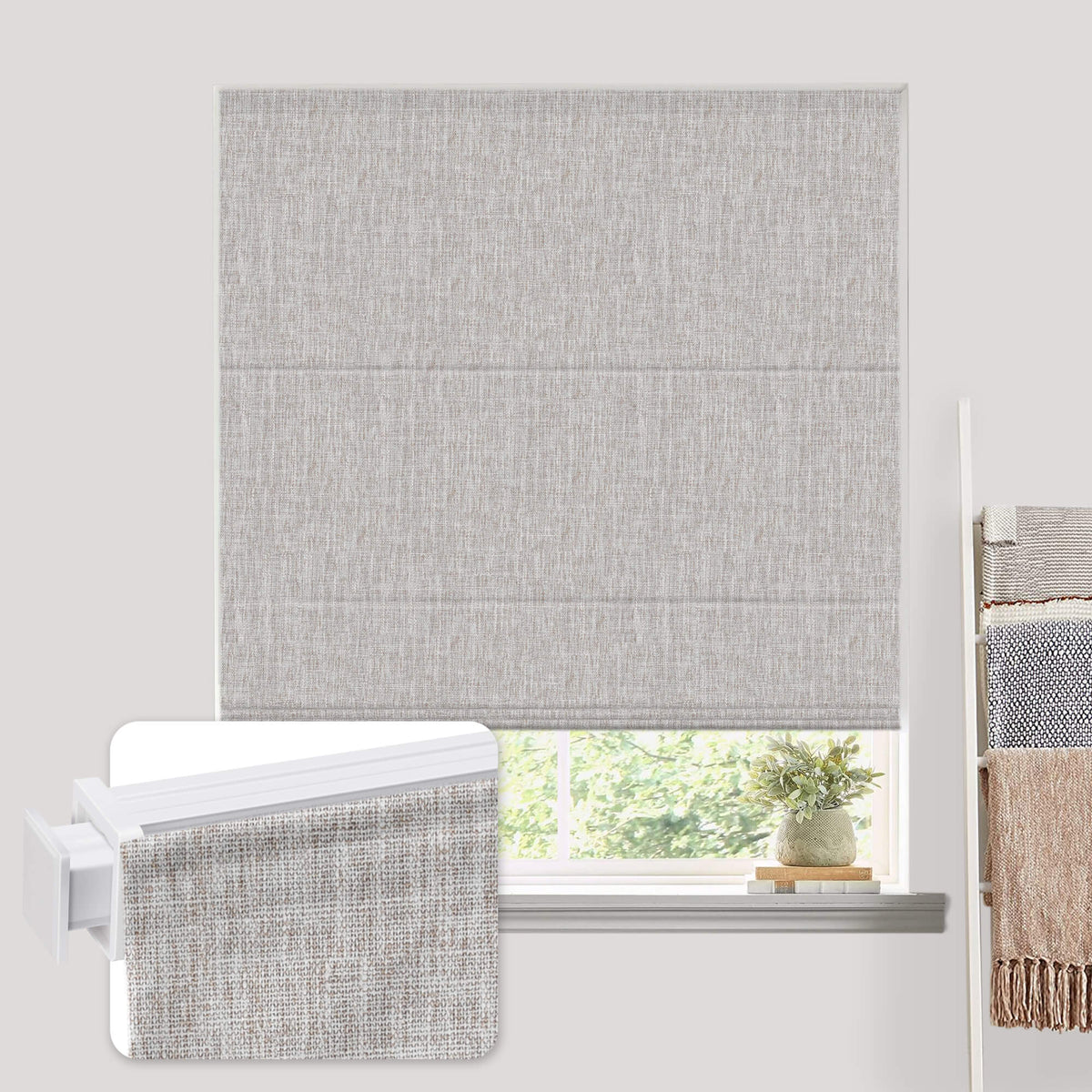 Linen-colored no-drill Roman shade: on a window