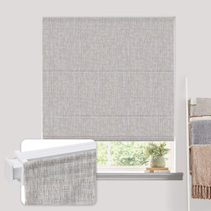 Linen-colored no-drill Roman shade: on a window