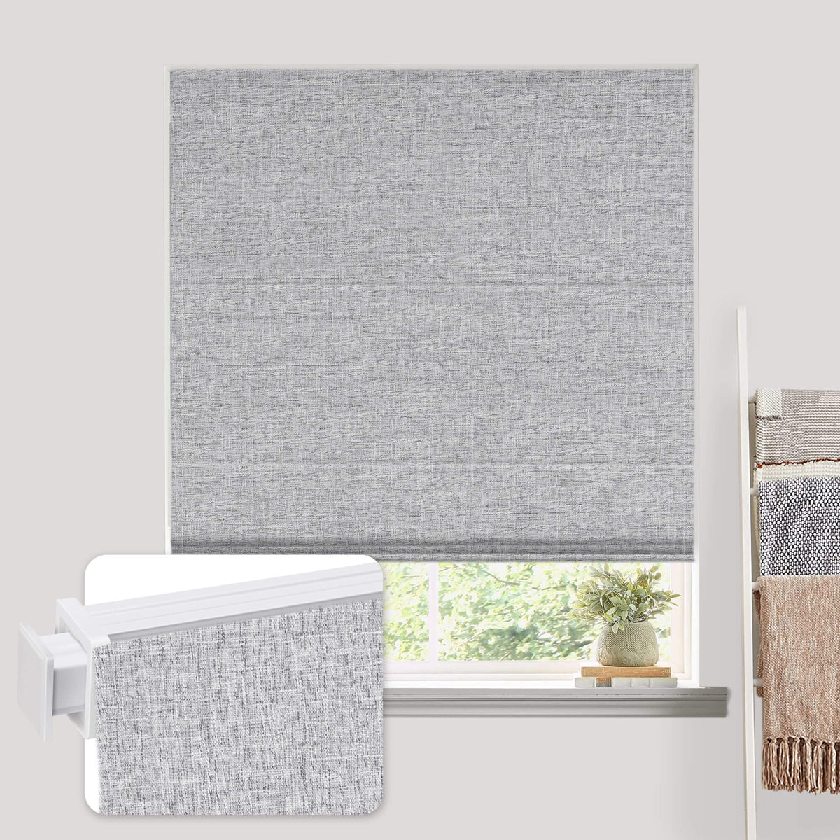 Gray no-drill Roman shade: on a window