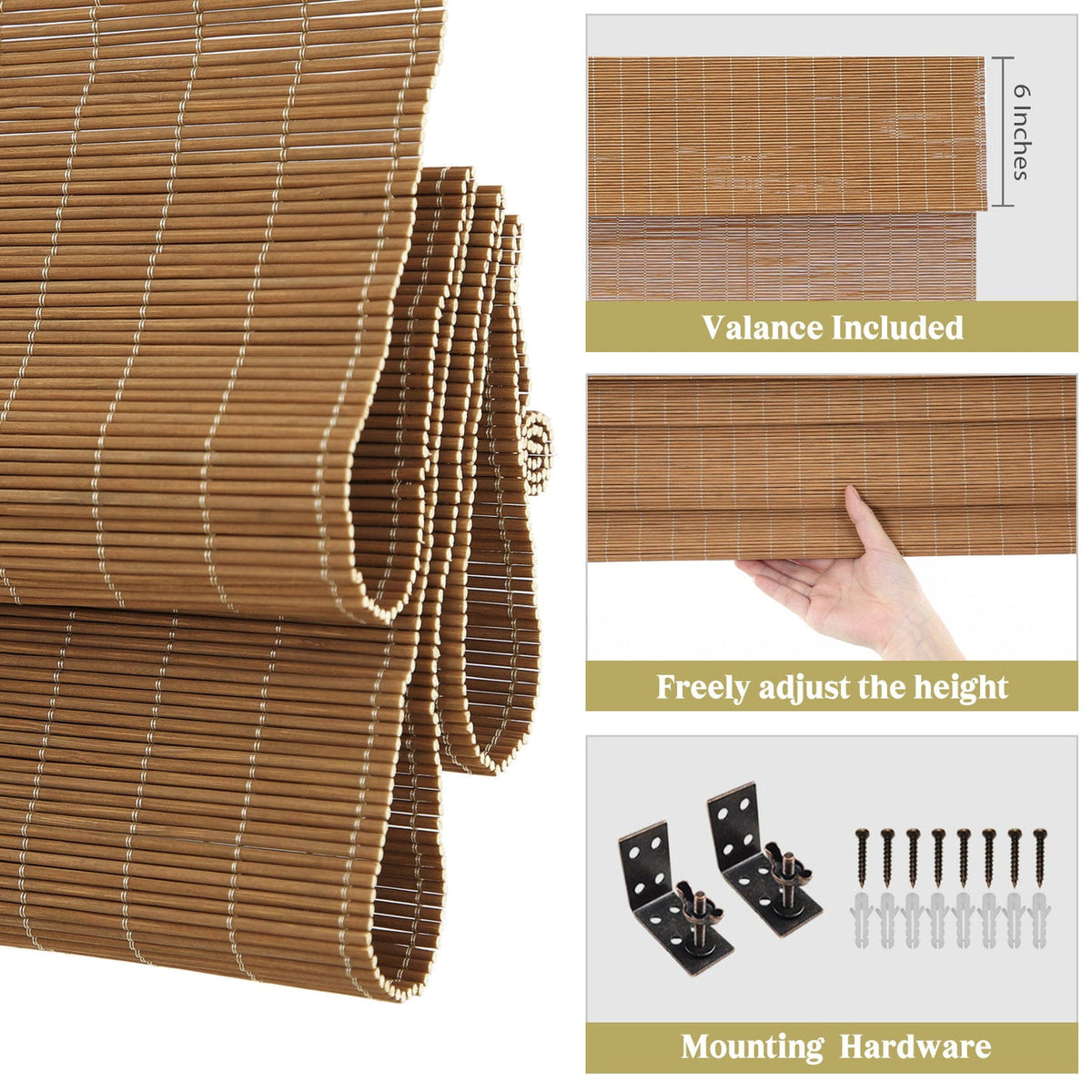 Natural brown bamboo Roman shade: mounting hardware details