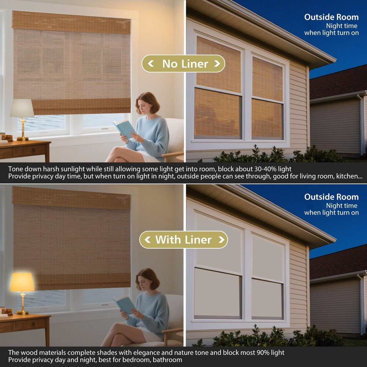 Natural brown bamboo Roman shade: comparison of light passing through the fabric