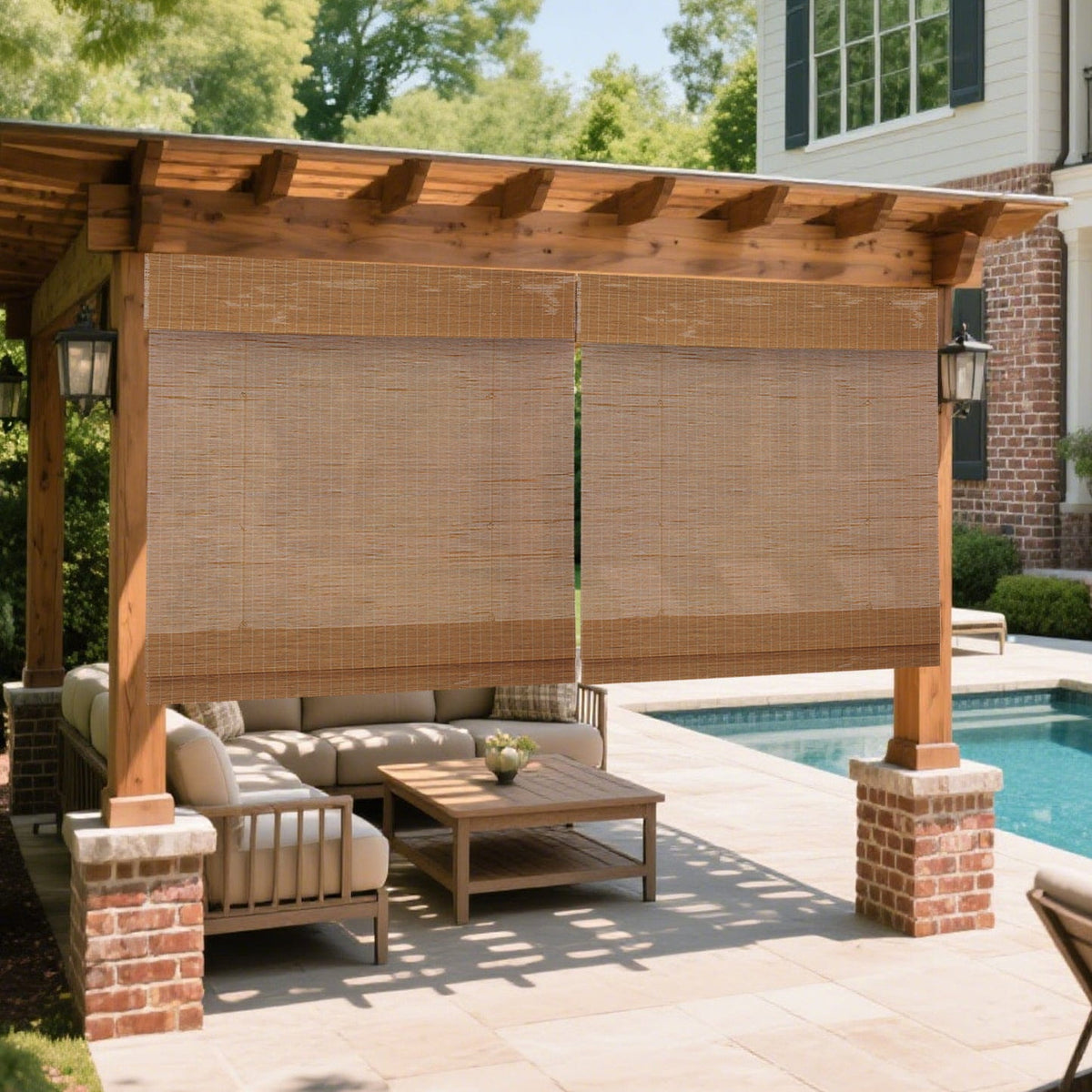 Natural brown bamboo Roman shade: shade shown on a patio