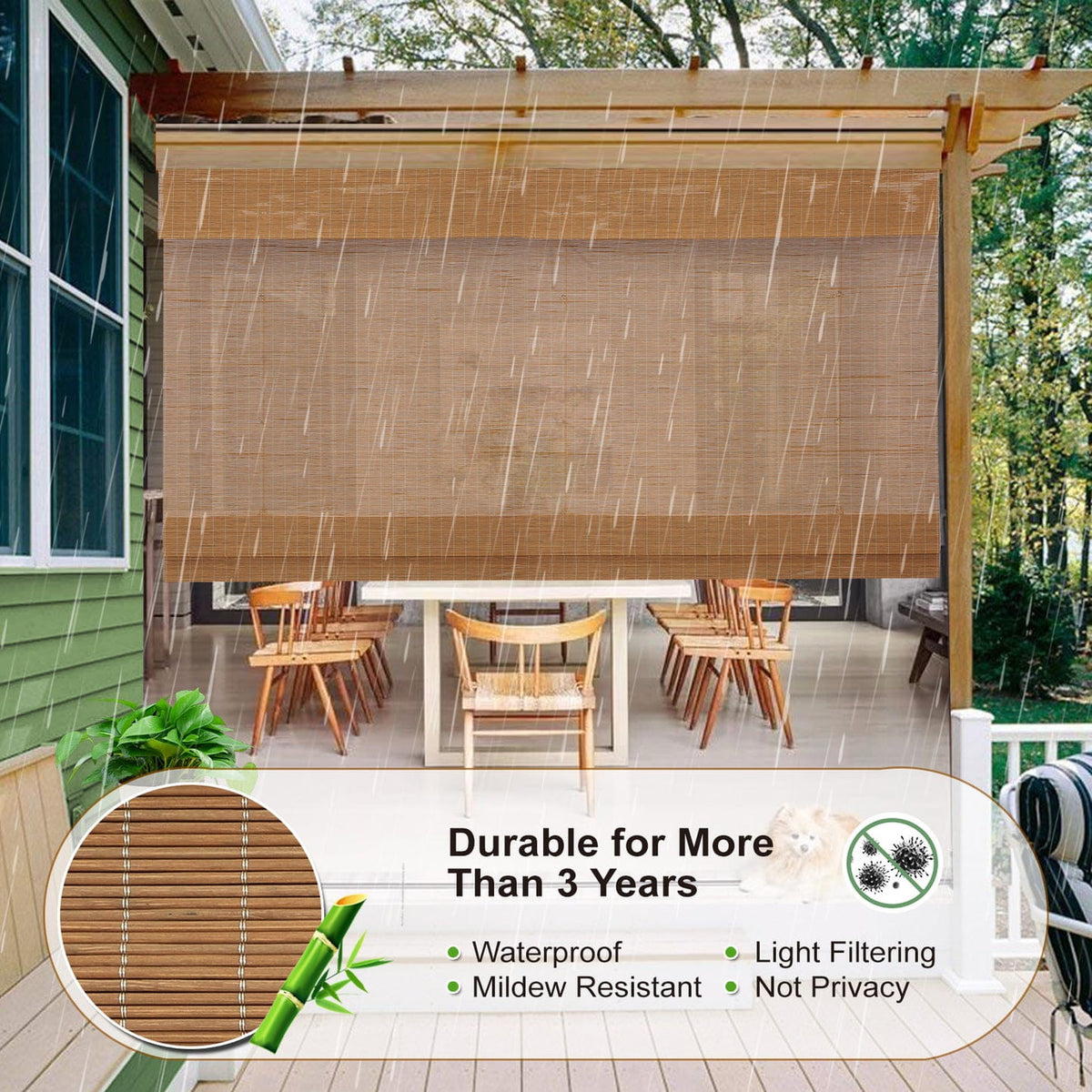 Natural brown bamboo Roman shade: woven material and outdoor display