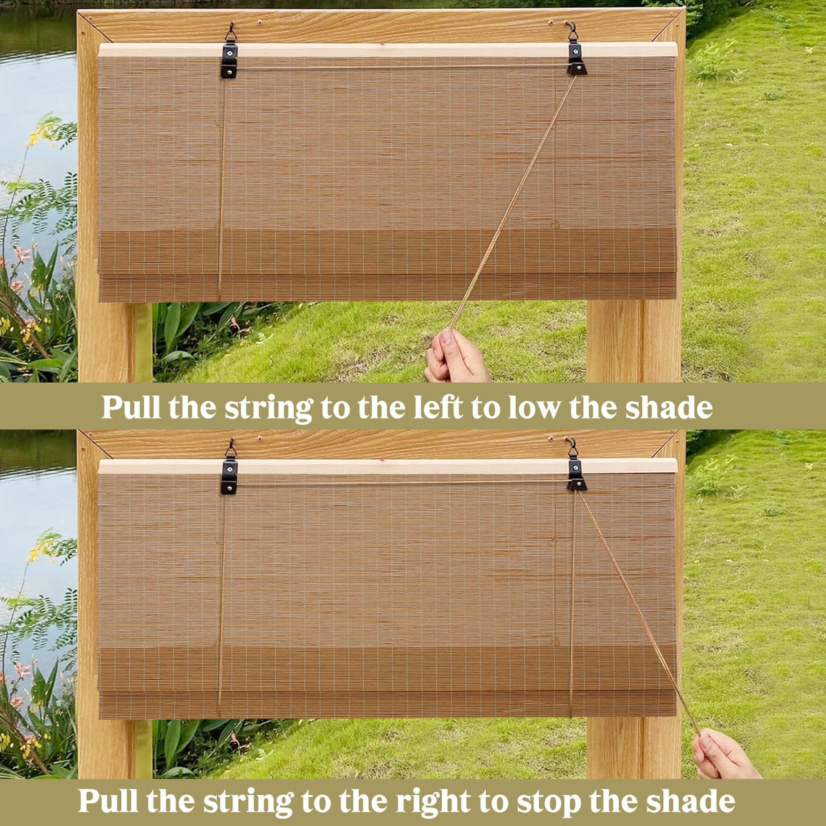 Natural brown bamboo Roman shade: cord operation diagram