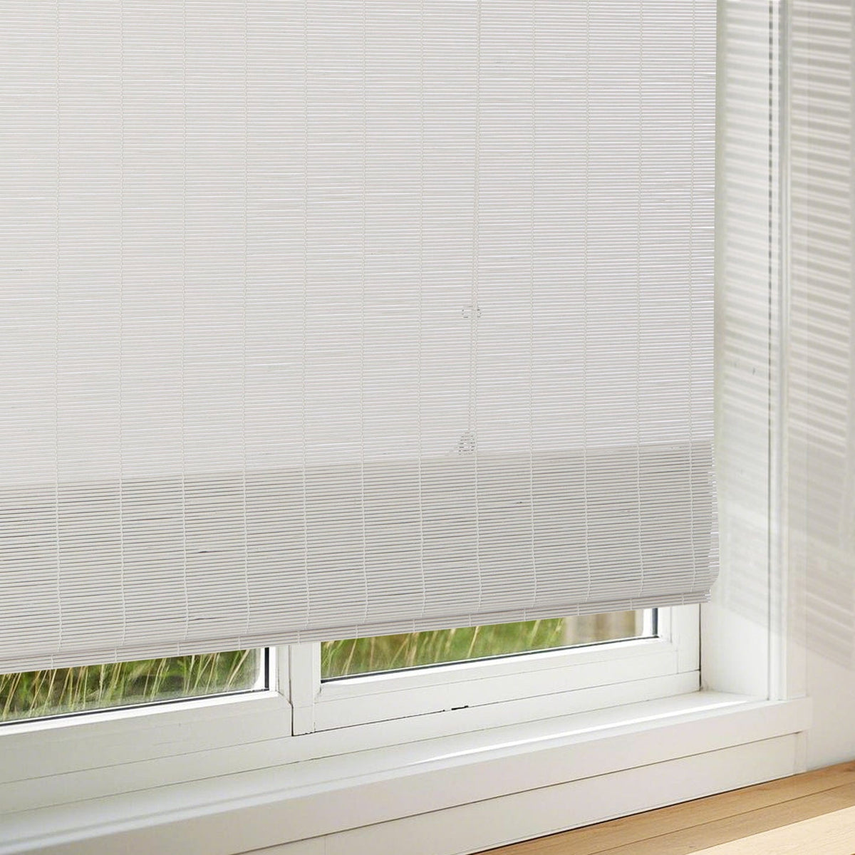 White bamboo Roman shade: fabric texture close-up
