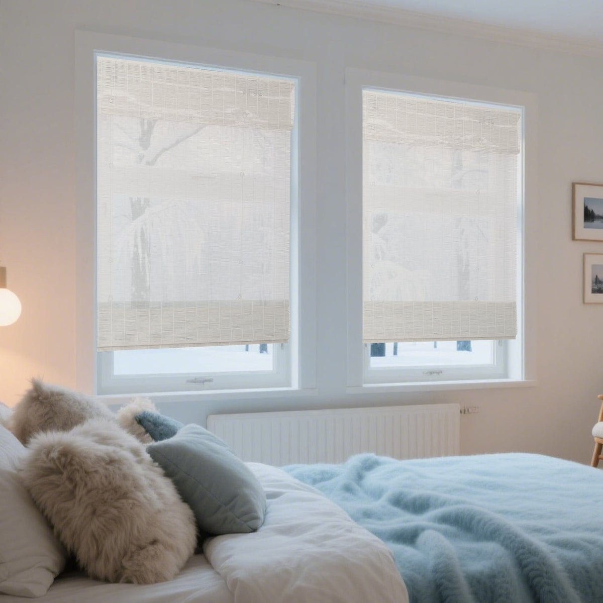 White bamboo Roman shade: in a bedroom