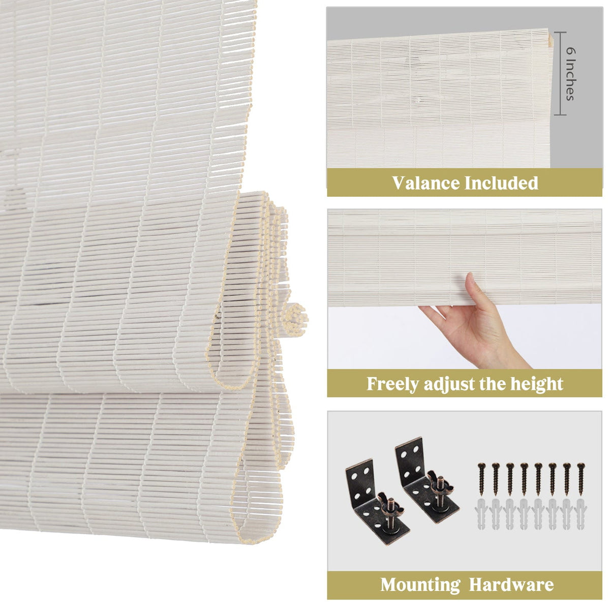 White bamboo Roman shade: mounting hardware details