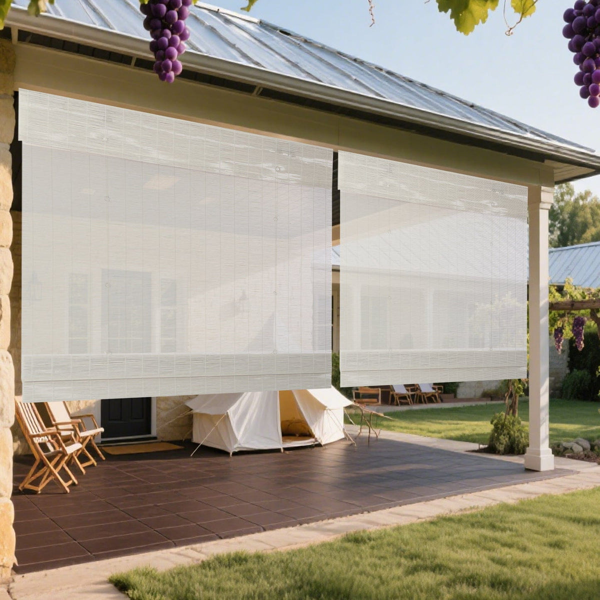 White bamboo Roman shade: shade shown on a patio