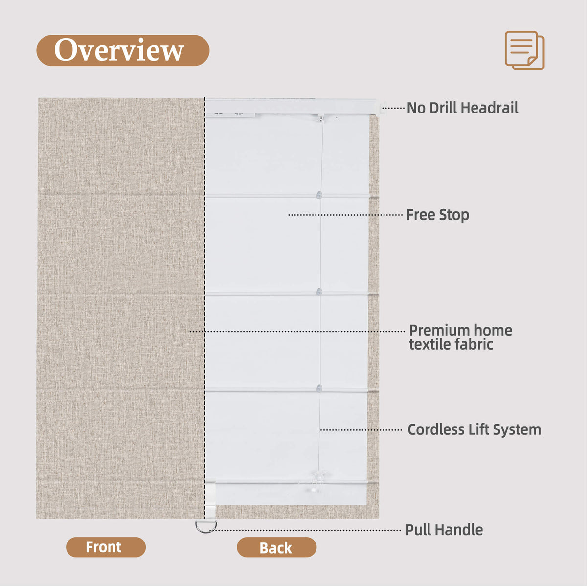 Coffee brown no-drill Roman shade: front and back construction