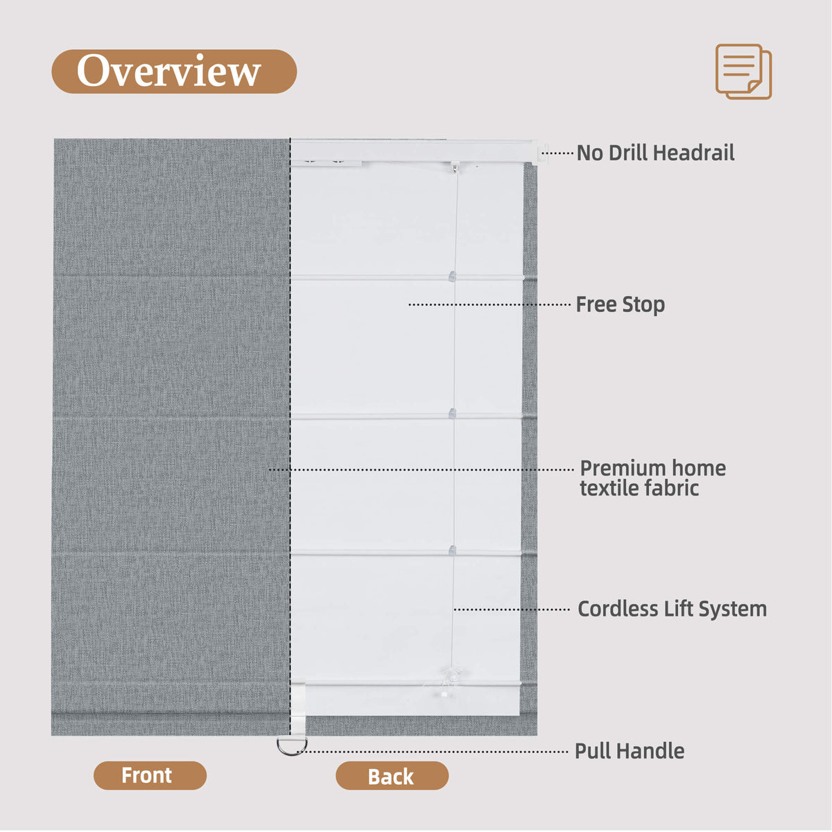 Dark gray no-drill Roman shade: front and back construction