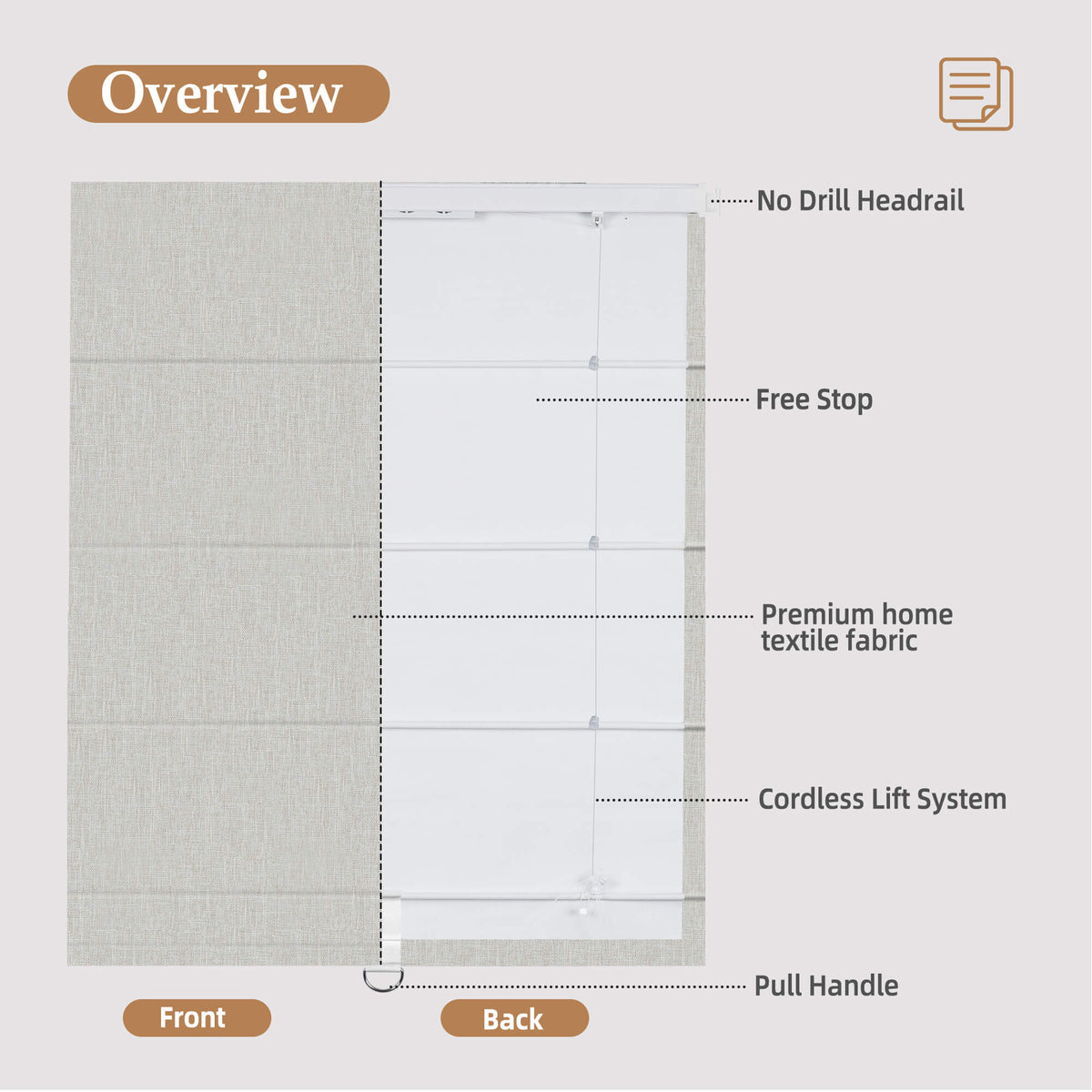 Sand-colored no-drill Roman shade: front and back construction