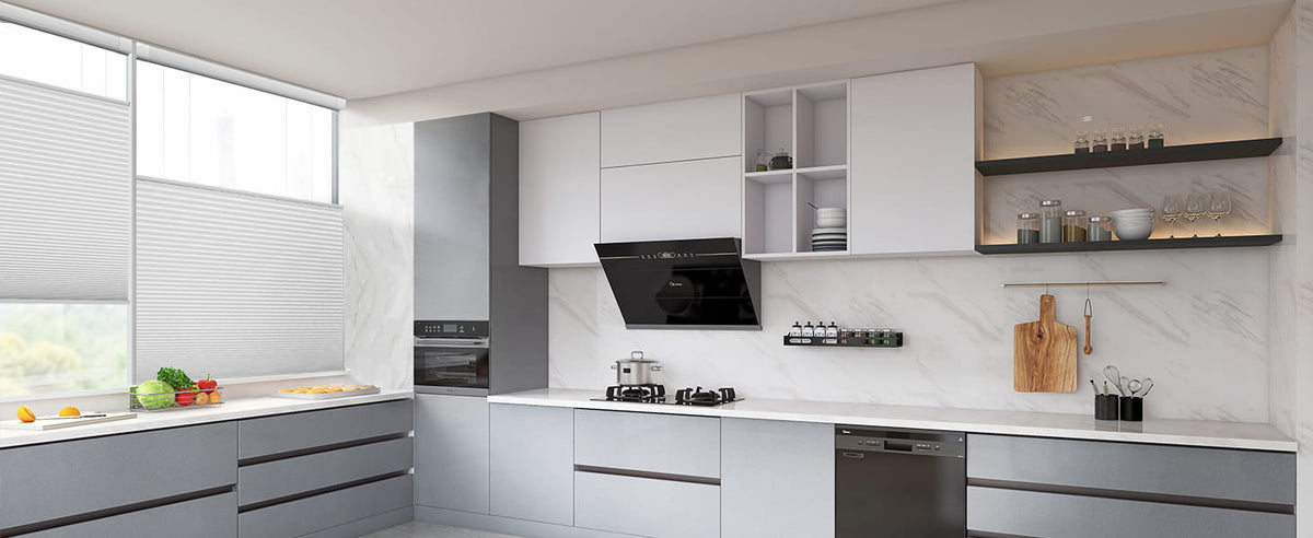 White cellular shades on kitchen windows