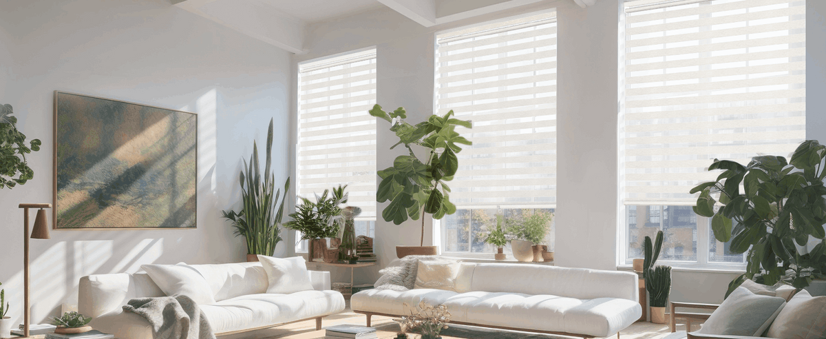 White zebra blinds behind a bright living room sofa