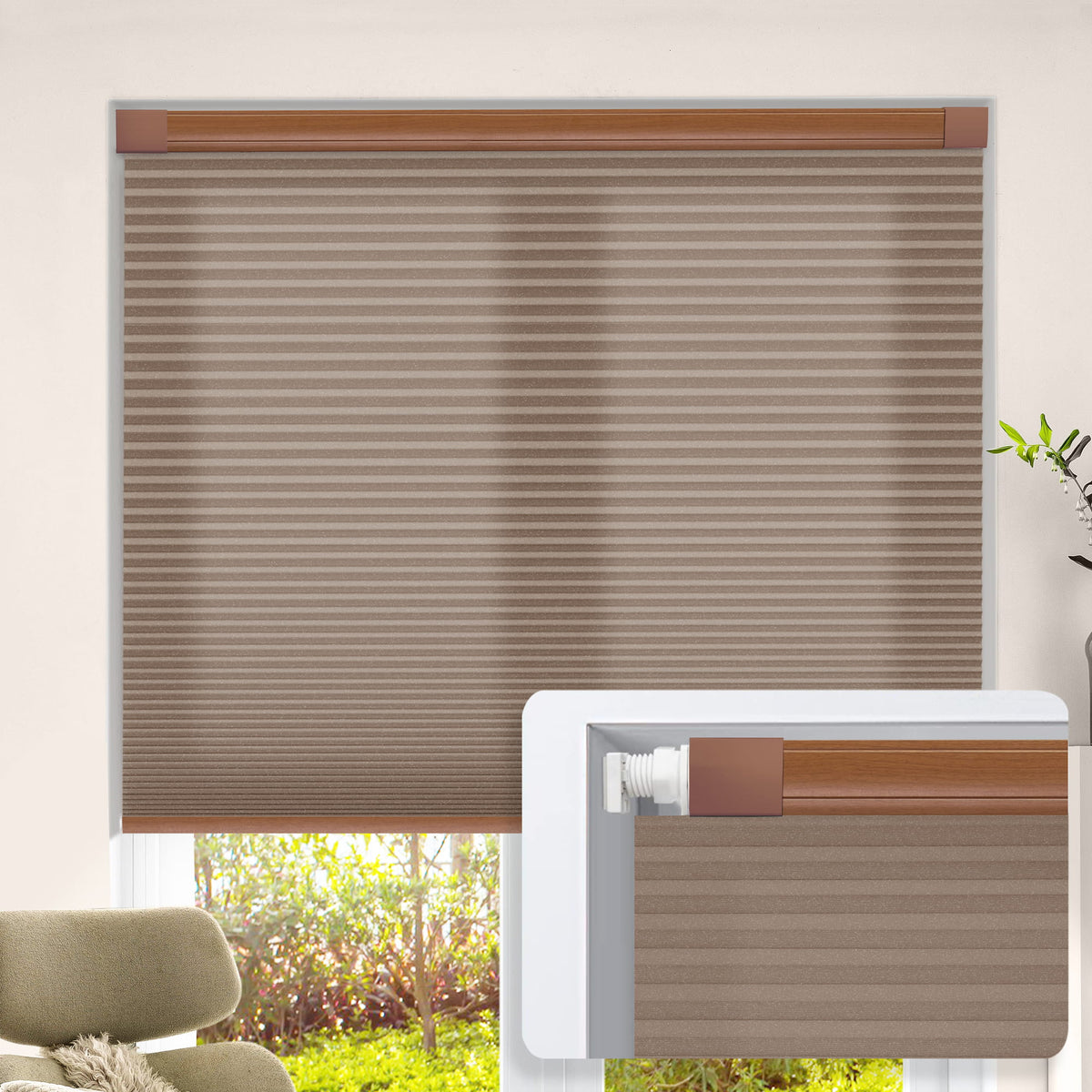 Brown no-drill cellular honeycomb shade: on a window