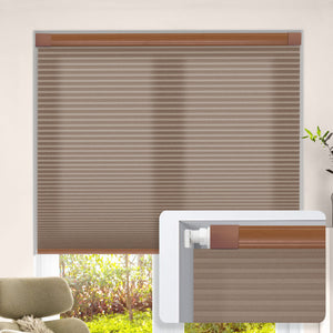 Brown no-drill cellular honeycomb shade: on a window