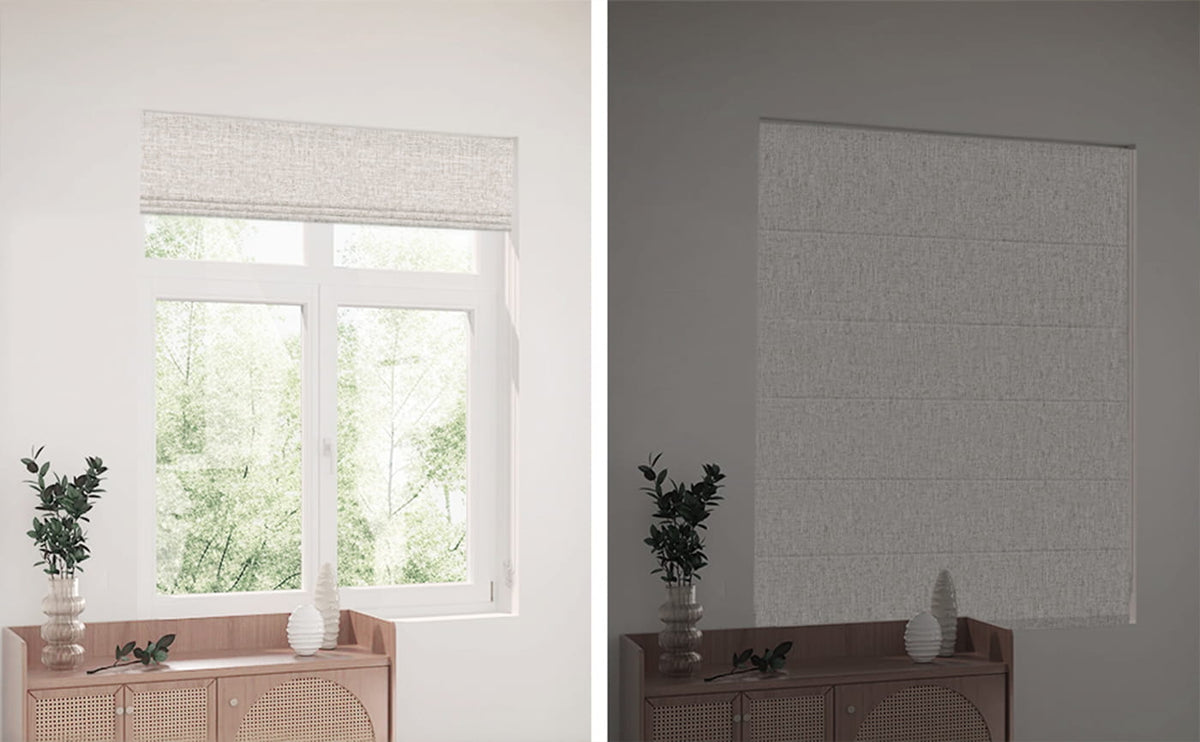 Light-filtering and blackout Roman shades compared in a room