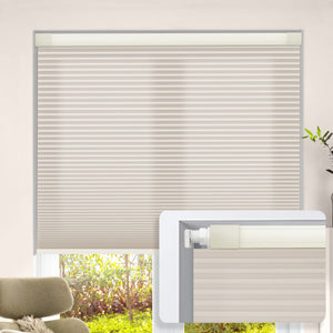 Beige no-drill cellular honeycomb shade: on a window