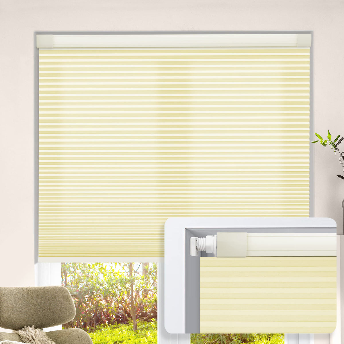 Yellow no-drill cellular honeycomb shade: on a window