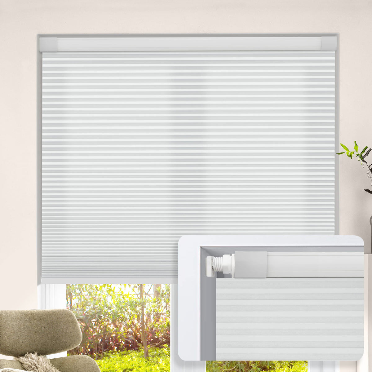 Light gray no-drill cellular honeycomb shade: on a window