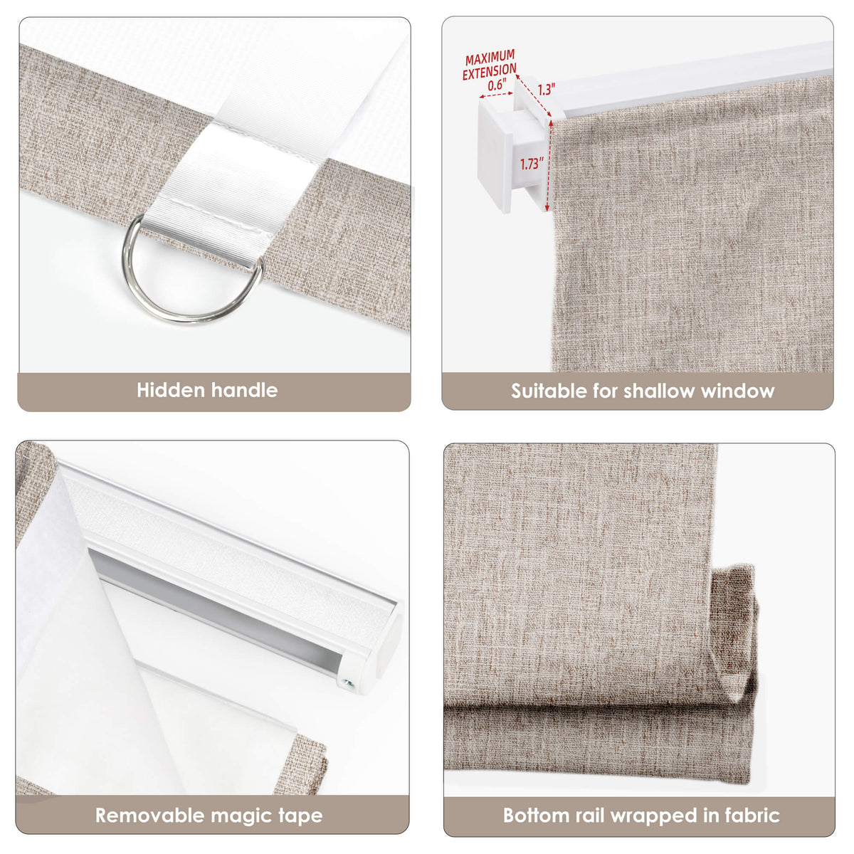 Coffee brown no-drill Roman shade: headrail, fabric and bottom rail details