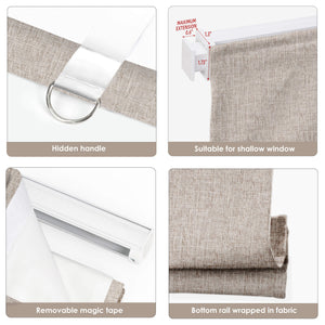 Coffee brown no-drill Roman shade: headrail, fabric and bottom rail details