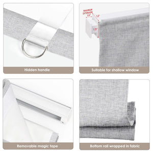 Light gray no-drill Roman shade: headrail, fabric and bottom rail details