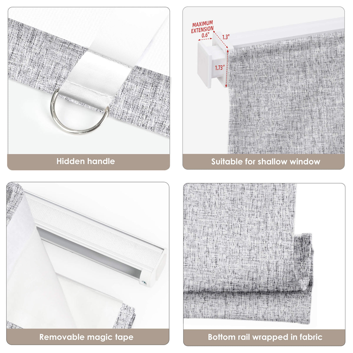 Gray no-drill Roman shade: headrail, fabric and bottom rail details