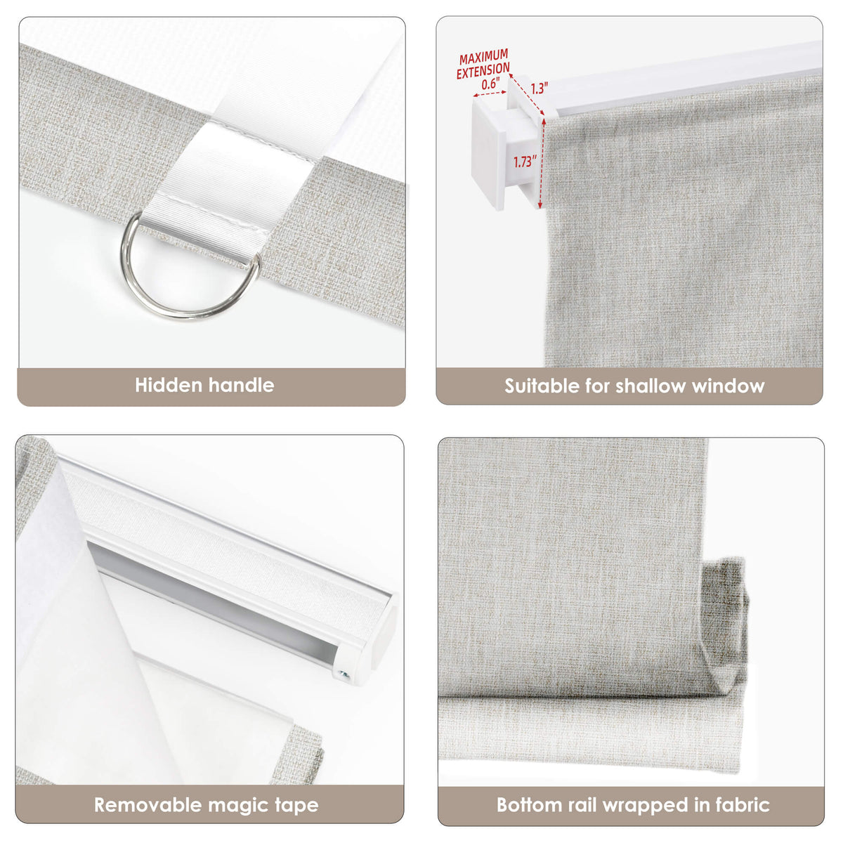 Sand-colored no-drill Roman shade: headrail, fabric and bottom rail details