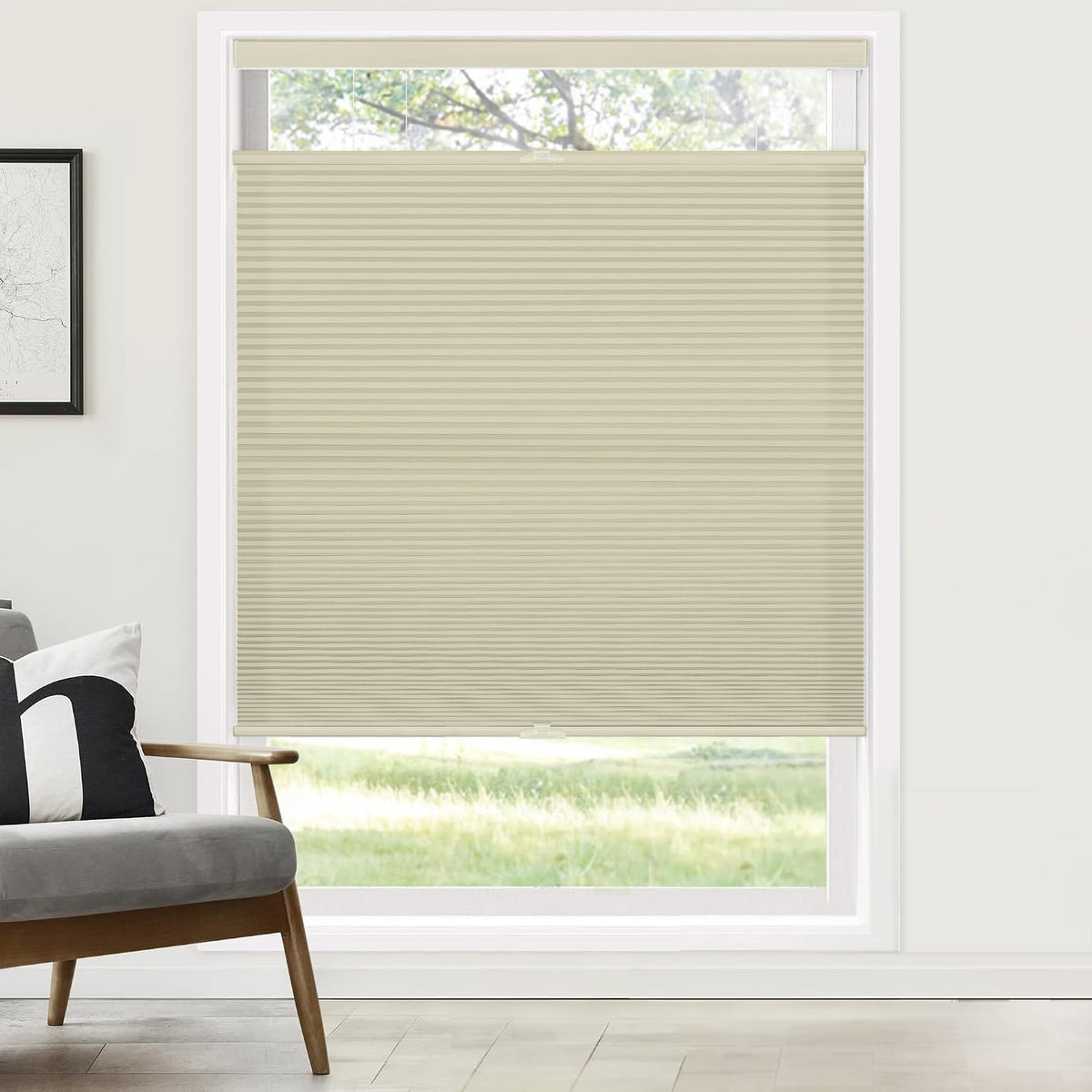 Beige top-down bottom-up cellular honeycomb shade: on a window