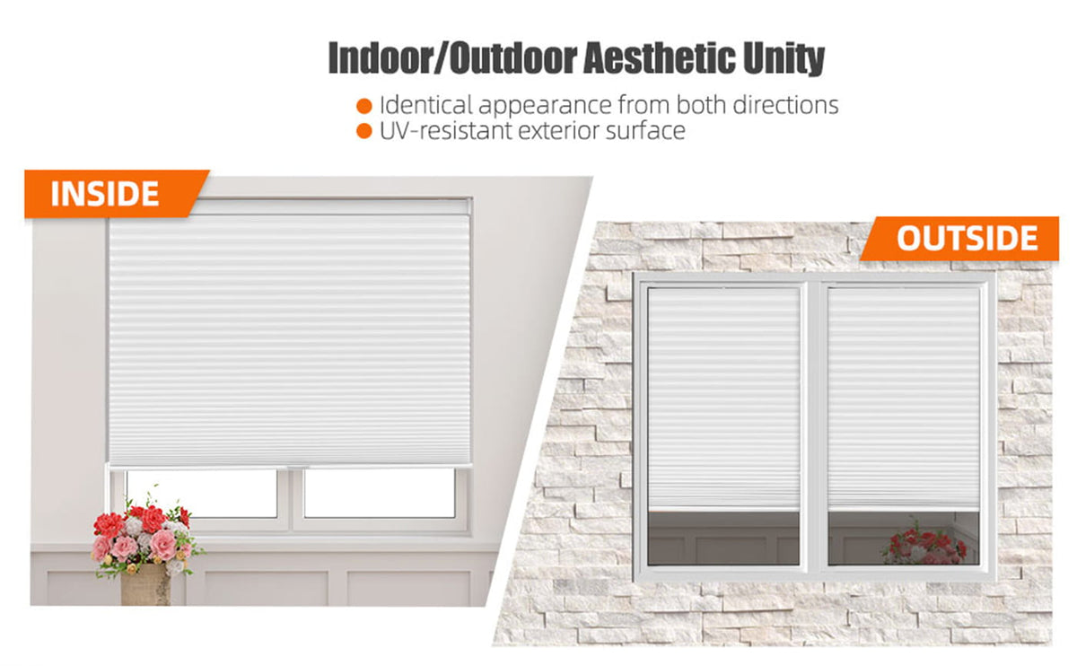 Roller shade shown from inside and outside a window