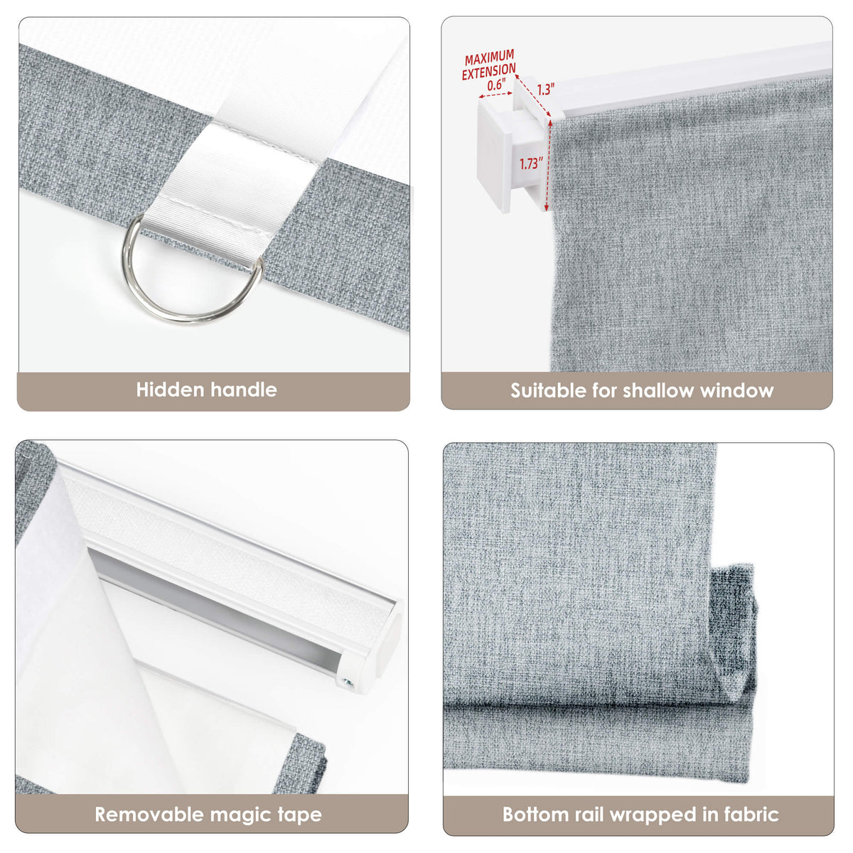 Dark gray no-drill Roman shade: headrail, fabric and bottom rail details