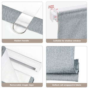 Dark gray no-drill Roman shade: headrail, fabric and bottom rail details