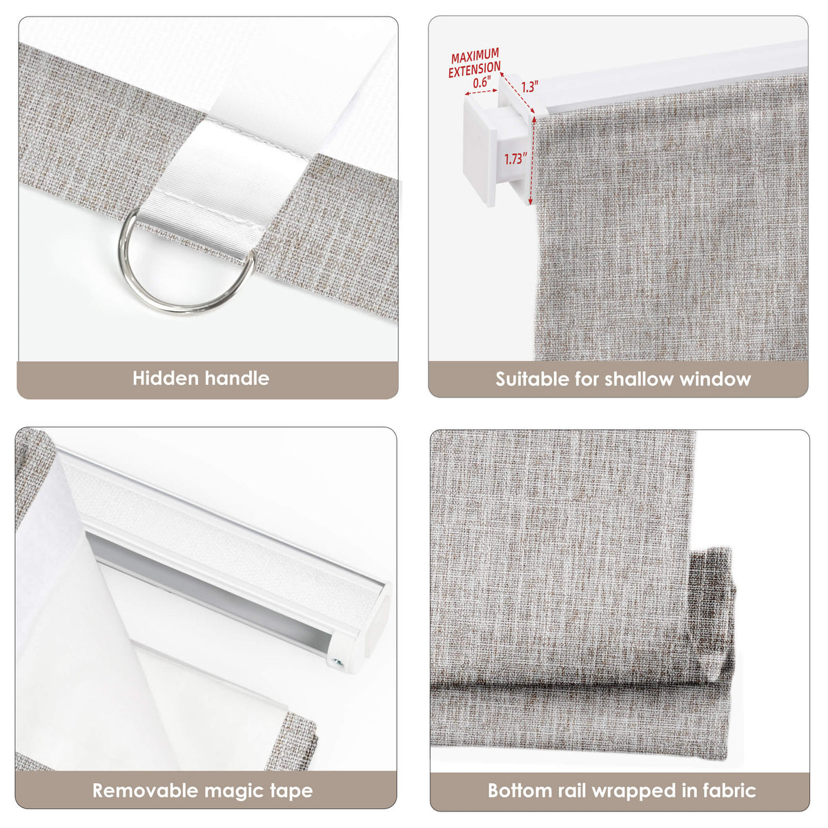 Linen-colored no-drill Roman shade: headrail, fabric and bottom rail details