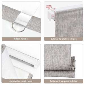 Linen-colored no-drill Roman shade: headrail, fabric and bottom rail details