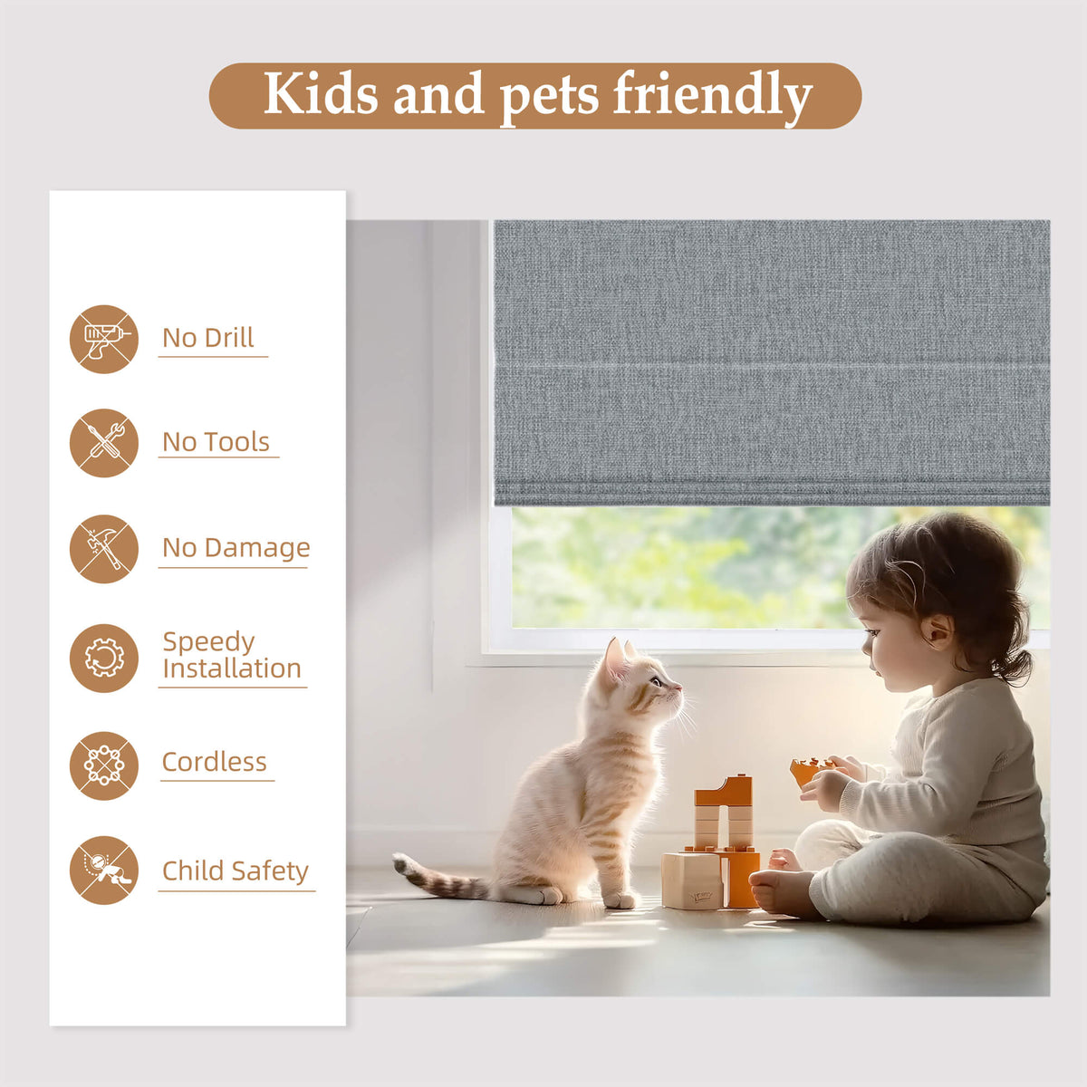 Dark gray no-drill Roman shade: cordless design illustrated beside a child and pet