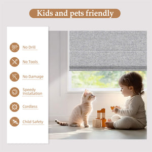 Gray no-drill Roman shade: cordless design illustrated beside a child and pet