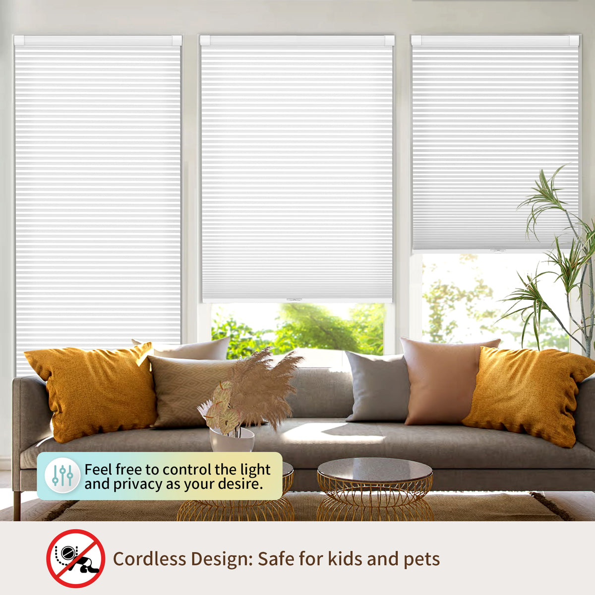 White no-drill cellular honeycomb shade: above a window seat