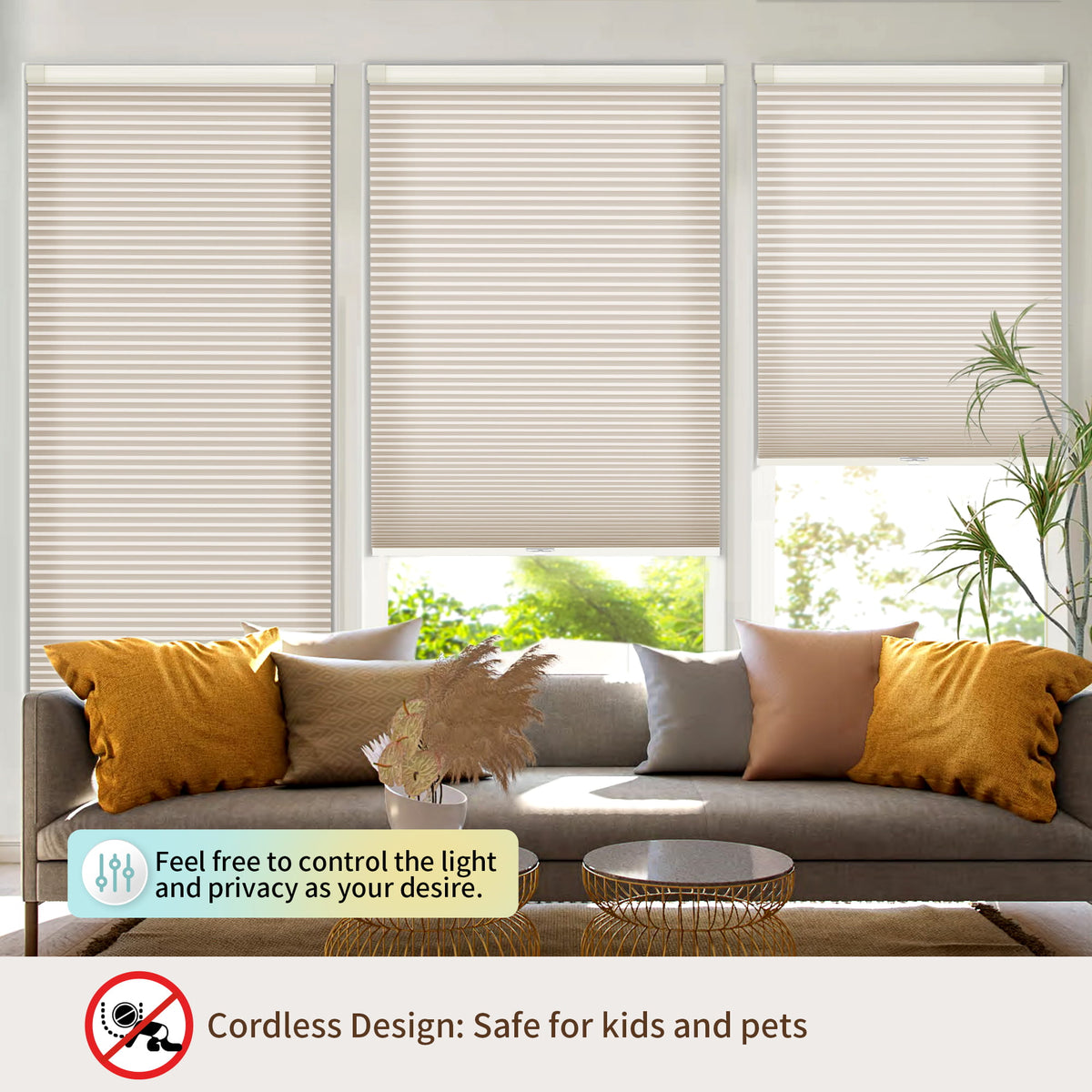Beige no-drill cellular honeycomb shade: above a window seat