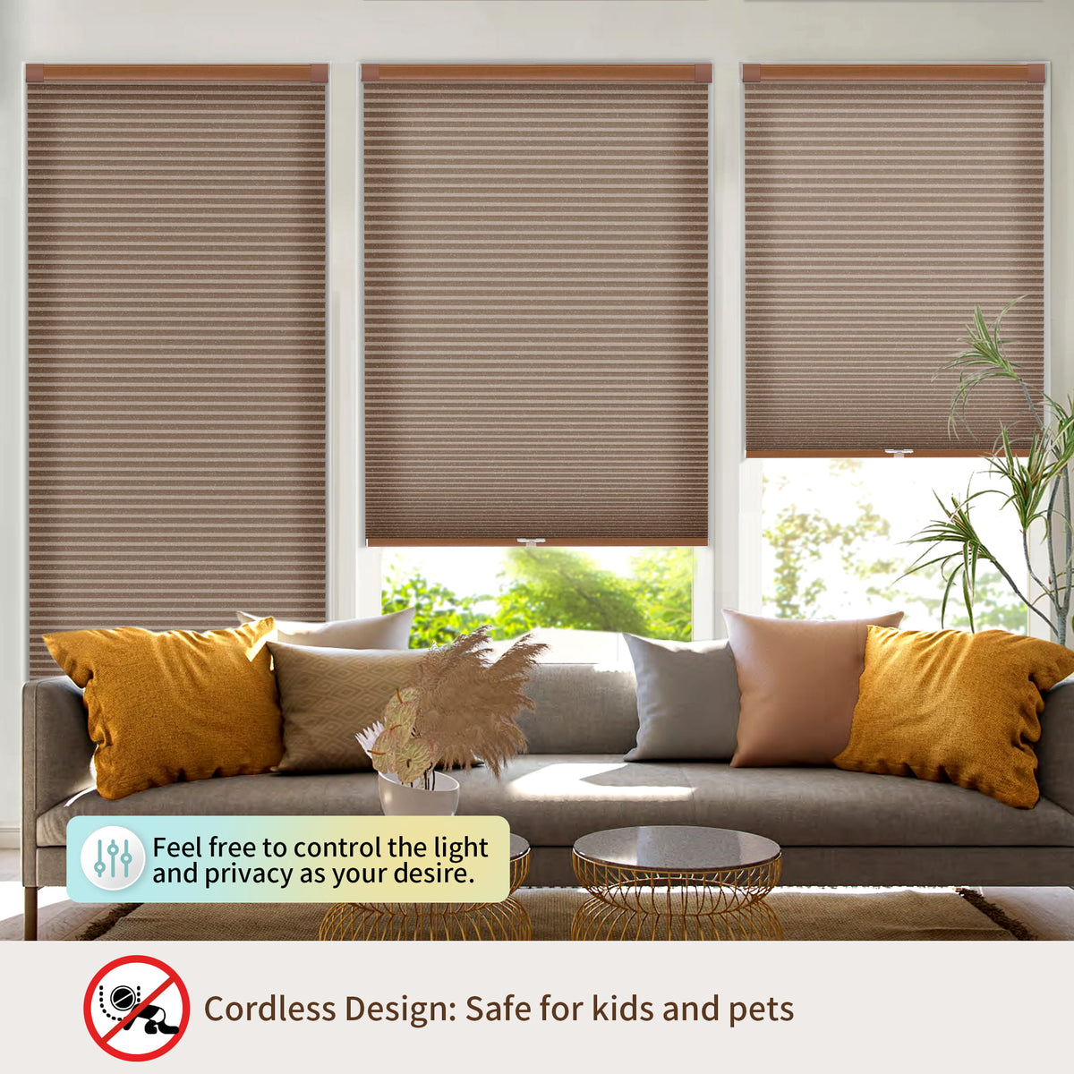 Brown no-drill cellular honeycomb shade: above a window seat