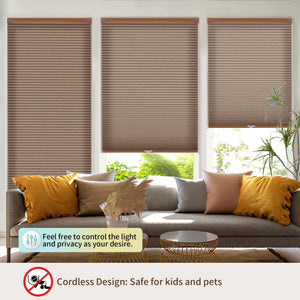 Brown no-drill cellular honeycomb shade: above a window seat