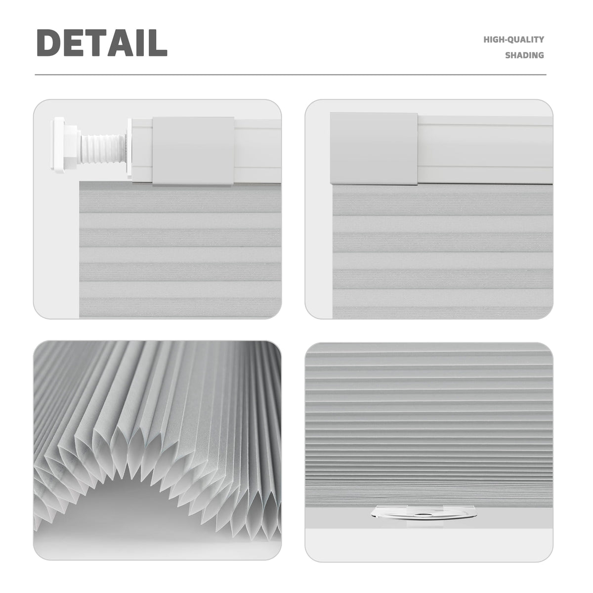 Gray no-drill cellular honeycomb shade: headrail, fabric and bottom rail details