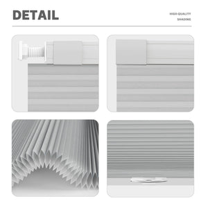 Gray no-drill cellular honeycomb shade: headrail, fabric and bottom rail details