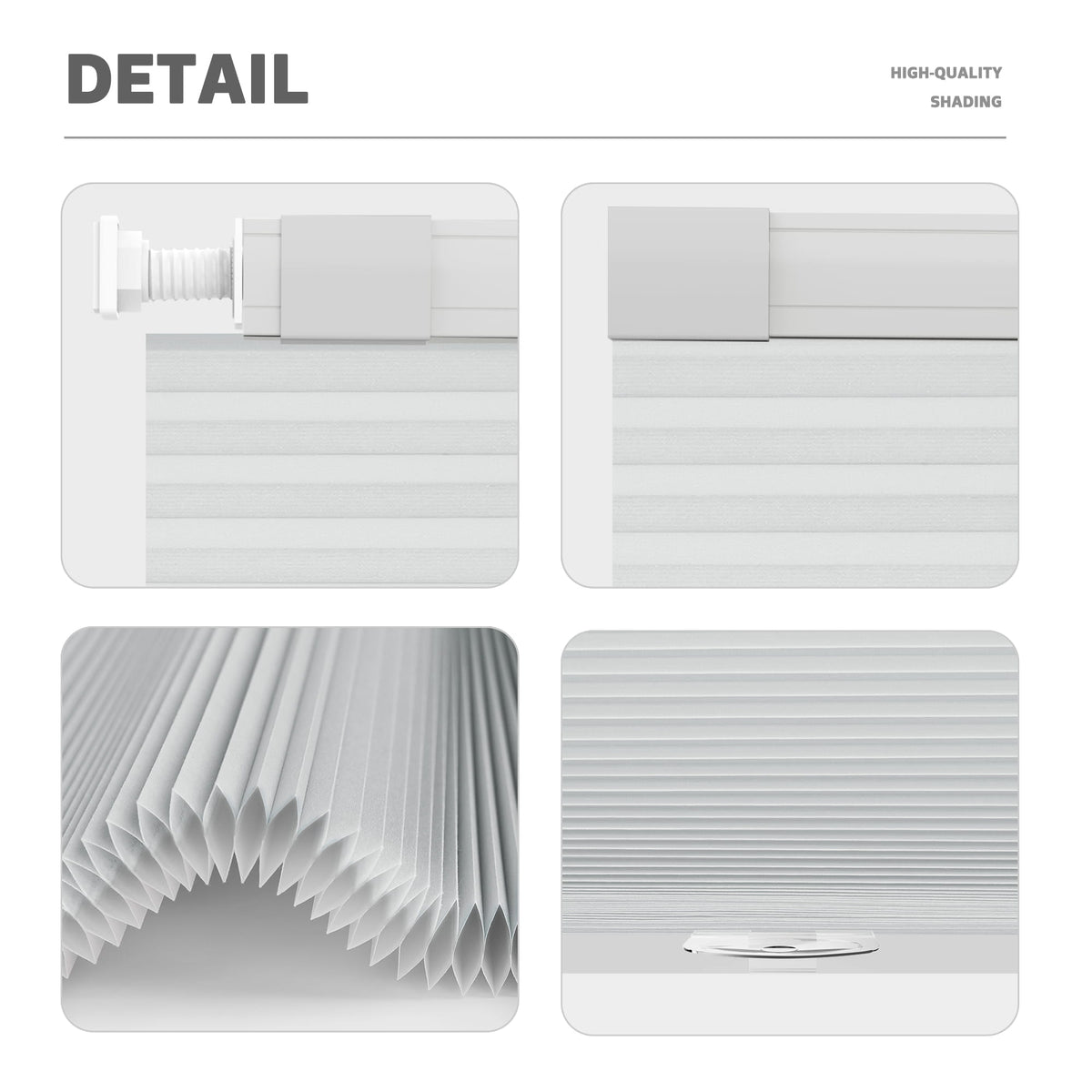 Light gray no-drill cellular honeycomb shade: headrail, fabric and bottom rail details