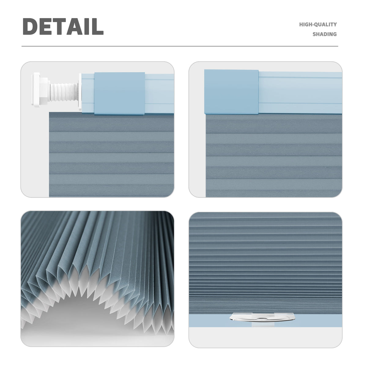 Blue no-drill cellular honeycomb shade: headrail, fabric and bottom rail details