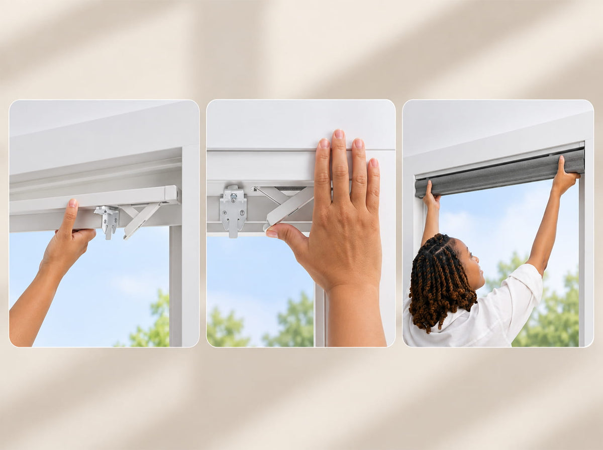 Three-step tension-mounted no-drill shade installation